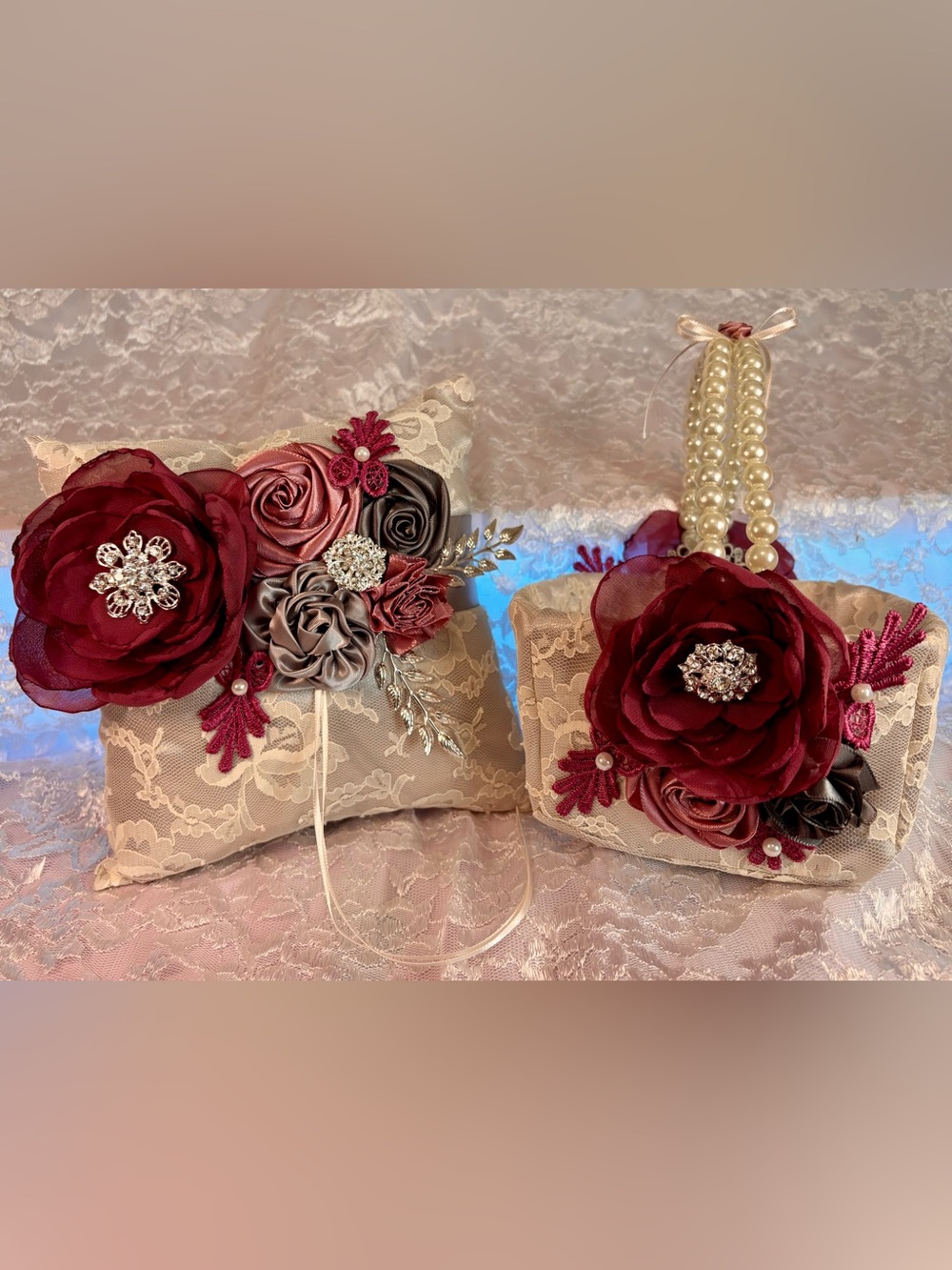 💍 Handmade Rosy Mauve and shades of Gray Ring Pillow and Flower Basket Set